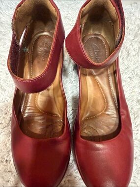 Clarks Women's Deep Red Leather Ankle-Strap Heels